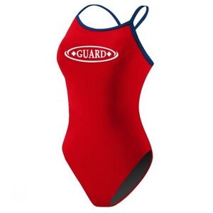 RISE Aquatics Red/Navy Lifeguard GUARD Poly H-2 Back Swimsuit sz 32